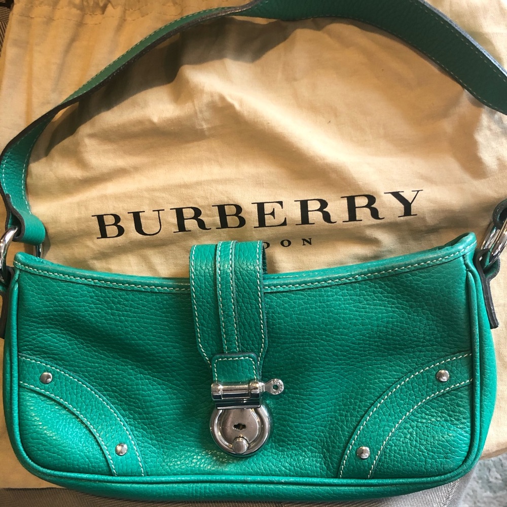 Burberry Green Leather Shoulder Bag with Silver Hardware